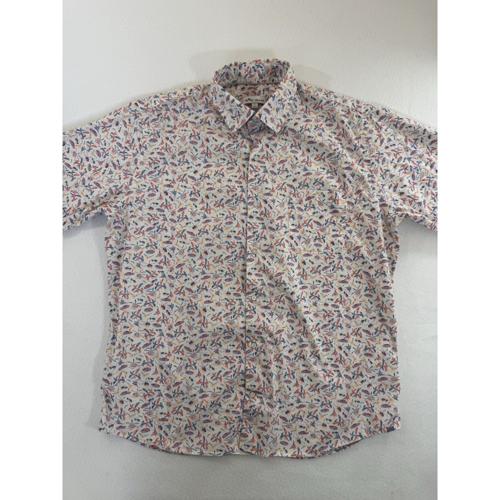 Peter Millar Button Down Shirt Mens L White Pocket Stretch Beach Cars Trees AOP